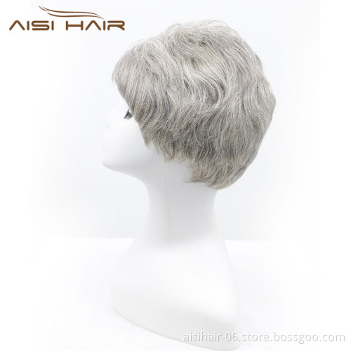 Aisi Hair Machine Made Piece Curly  Unprocessed Brazilian Short Pixie Cut Gray Wig Human Hair